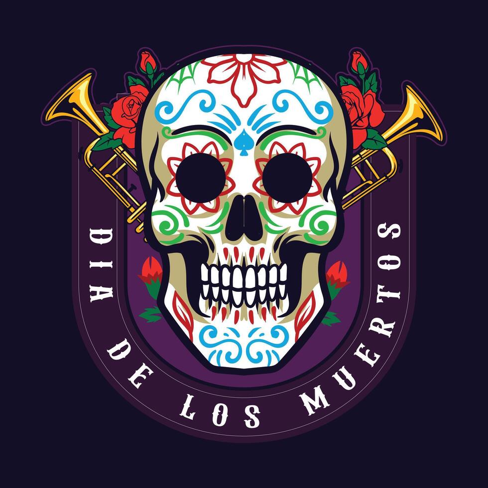 Dia de Los Muertos Mexican Calavera Skulls with Trumpet Holiday cartoon illustration for sticker, badge, patch, banner, greeting card, invitation vector