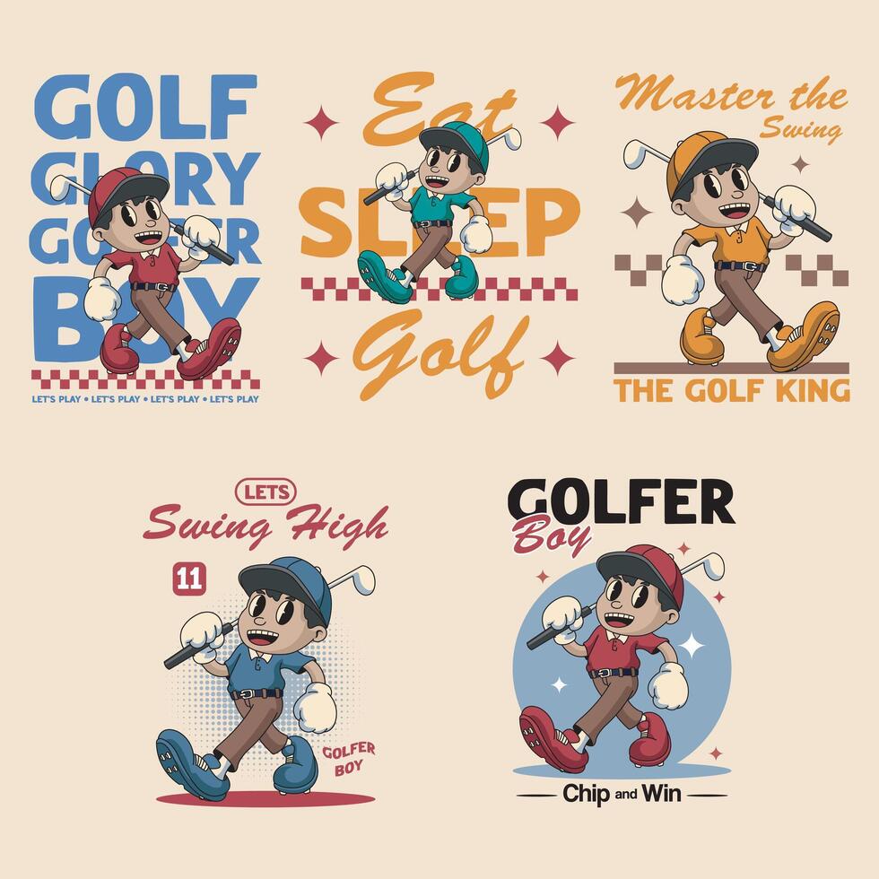 Collection of Golfer Cute Guy Holding Golf Vintage Sport Mascot Character Cartoon Design Illustration Set vector