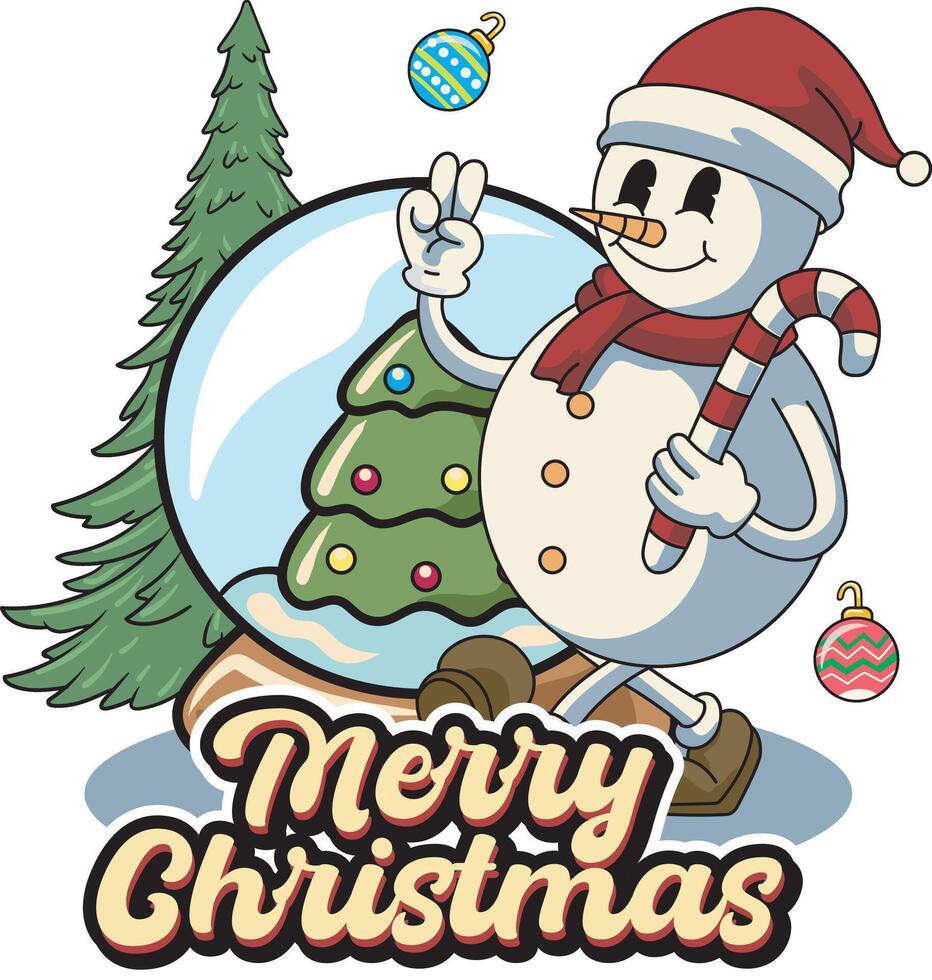 Merry Christmas and Happy New Year Sticker Cute Cheerful Snowman with Peace Pose in Trendy Groovy Retro Cartoon Style Illustration vector