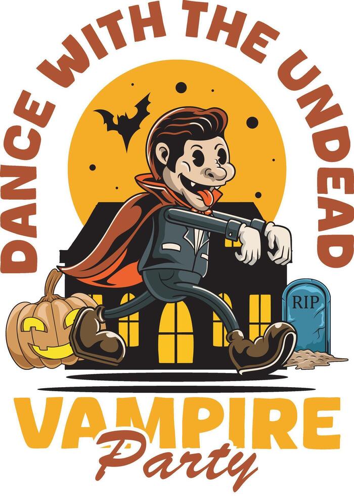 halloween character walking vampire with Bat, pumpkin in castle for badge and label sticker, banner, patch, greeting card, t-shirt and invitation in a cartoon retro groove style illustration vector