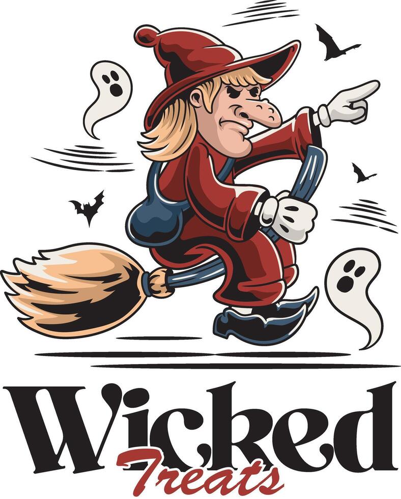 halloween character witcher with the flying broom for badge and label sticker, banner, patch, greeting card, t-shirt and invitation in a cartoon retro groove style illustration vector