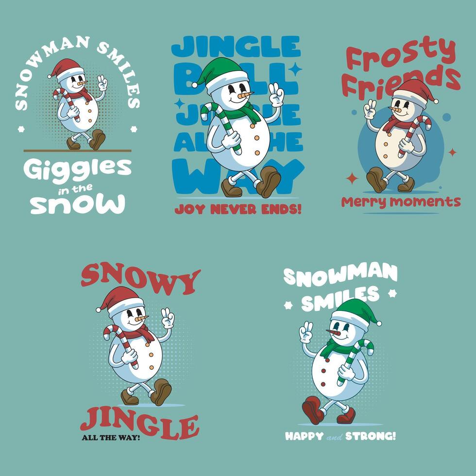 Christmas Cute Snomwan Winter Retro Mascot Character Cartoon Illustration Set vector