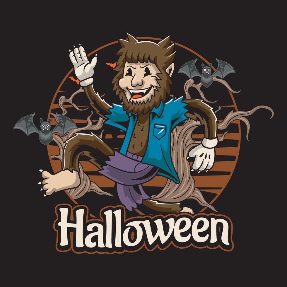 Happy Halloween Werewolf Wolf Man in Forest Graveyard Night with Bat for badge and label sticker, banner, patch, greeting card, t-shirt and invitation retro cartoon illustration vector