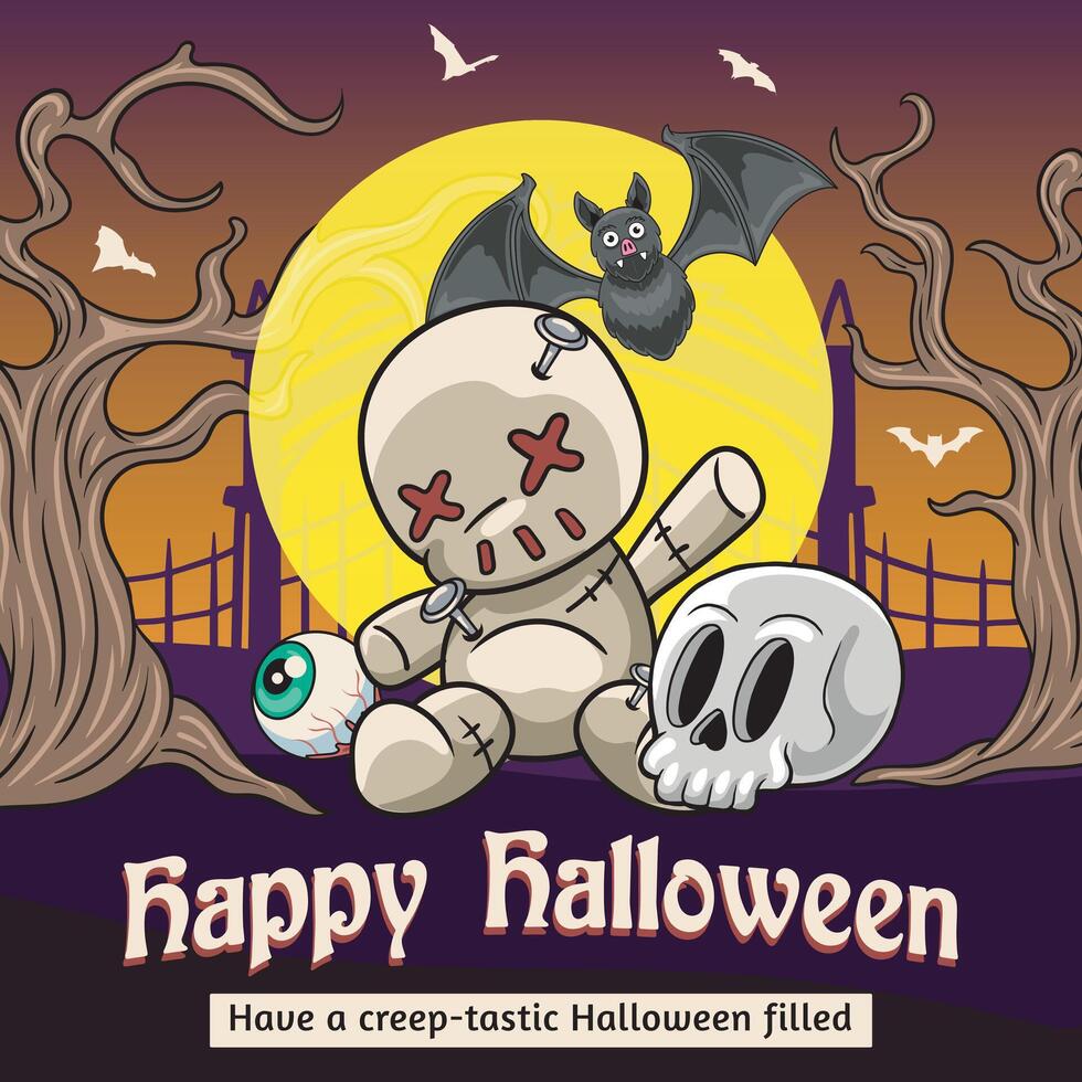 Happy Halloween greeting Night with Doll Skull Bat spooky elements for scary night decoration Orange Background illustration vector