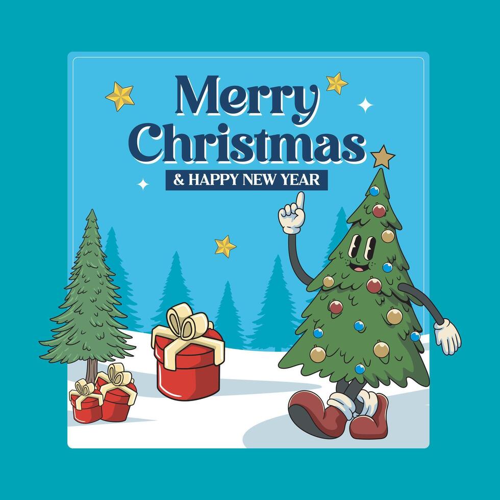 Merry Christmas and Happy New Year Sticker Cute Cheerful Pine Tree in Trendy Groovy Retro Cartoon Style Illustration vector