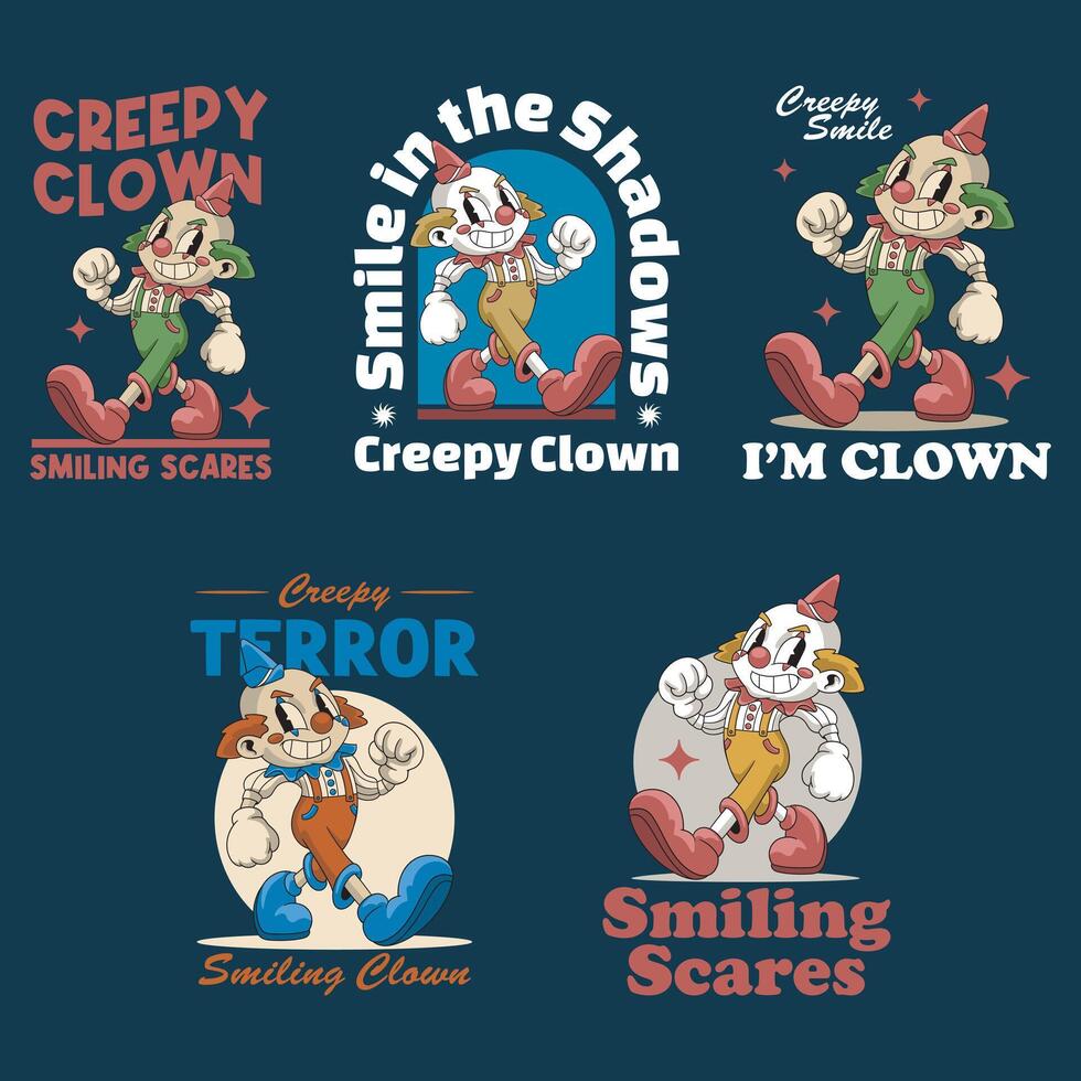 Set of Halloween Horror Cute Clown Jester Circus Retro Mascot Character Cartoon Illustration vector