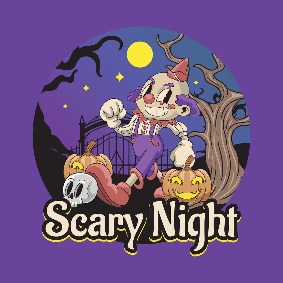 Happy Halloween Jester Clown Scary Night badge and label sticker, banner, patch, greeting card and invitation illustration vector