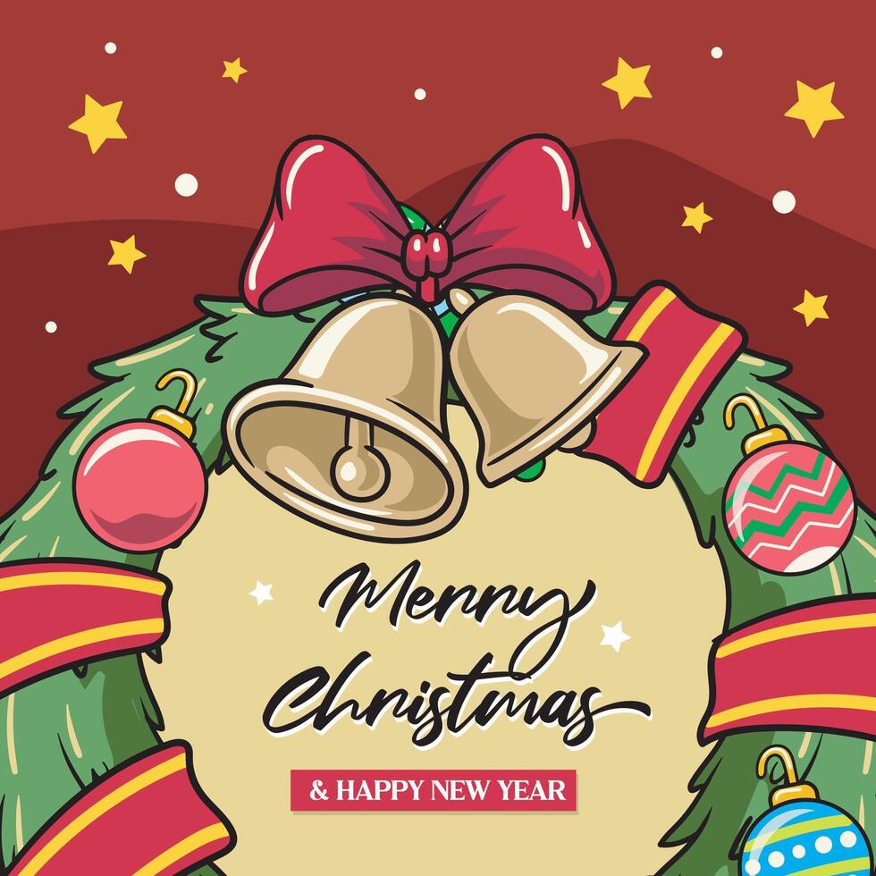 Merry Christmas and Happy New Year greeting card Retro Cartoon Illustration with Beautiful Wreath Ring Bell Star Red Ribbon vector