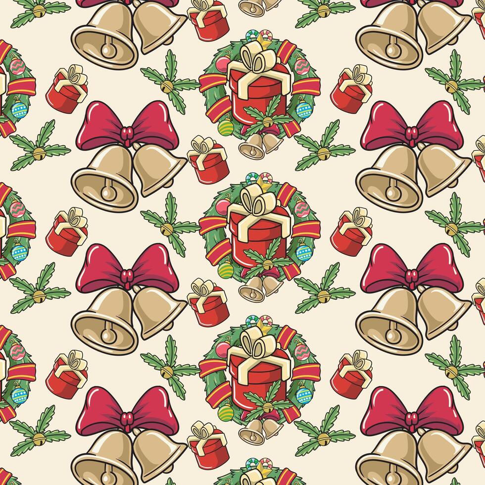 Seamless Merry Christmas Happy New Year Pattern Cute Cartoon Retro Illustration Style with Ring Bell Gift Boxes Decoration pattern set for fabric, linen, textiles and wallpaper vector