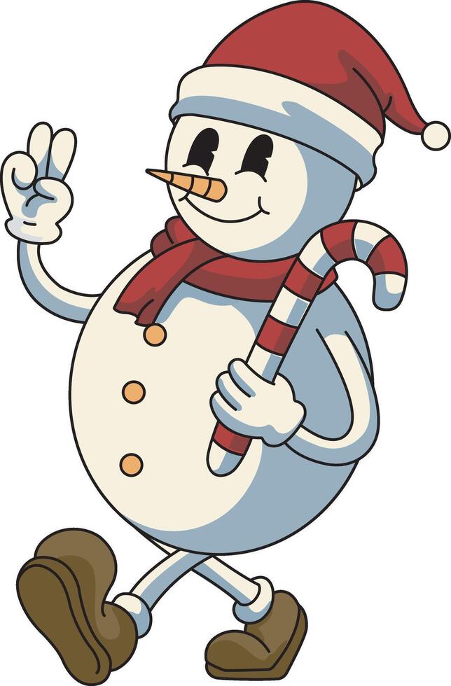 Retro Vintage Mascot Illustration of Snowman walking with candy cane Christmas vector