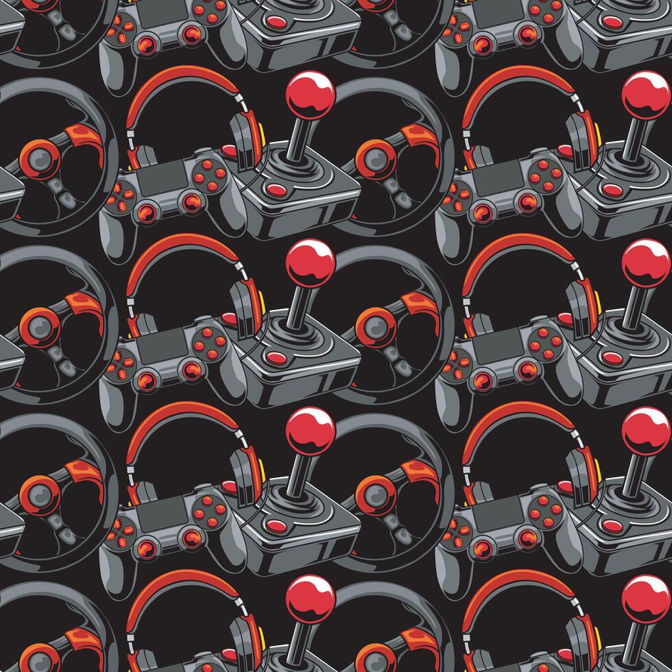 Game console headphone steering wheel gameboy gamepad controller digital seamless repeat pattern Illustration texture vector
