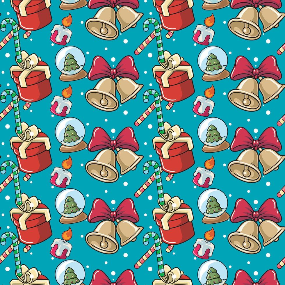 Seamless Merry Christmas Happy New Year Pattern Cute Cartoon Retro Illustration Ring Bells Candy Cane Candle Gift Boxes Decoration pattern set for fabric, linen, textiles and wallpaper vector