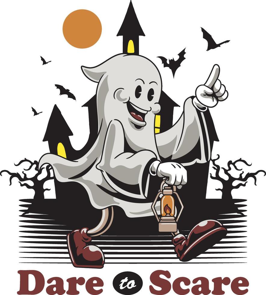 halloween character walking ghost in horror castle for badge and label sticker, banner, patch, greeting card, t-shirt and invitation in a cartoon retro groove style illustration vector