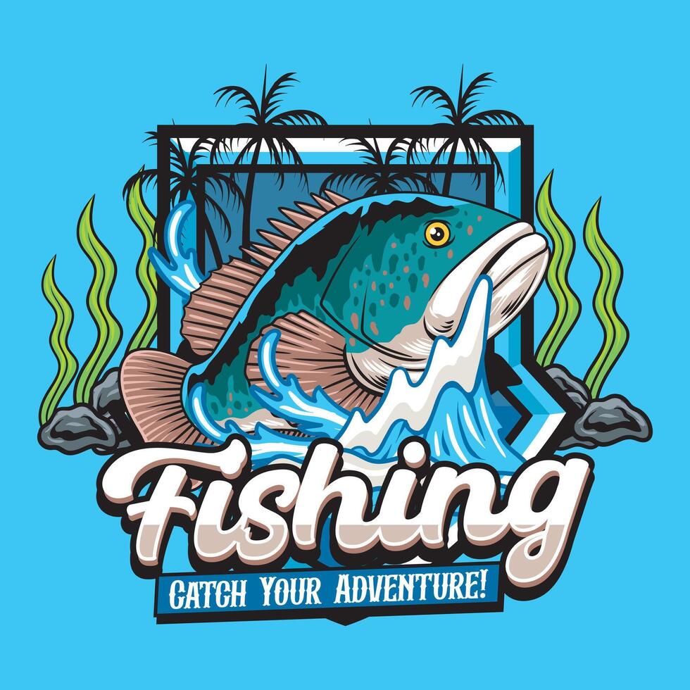 Grouper Fish Sport Fishing Logotype in Blue Background Cartoon Modern Illustration vector