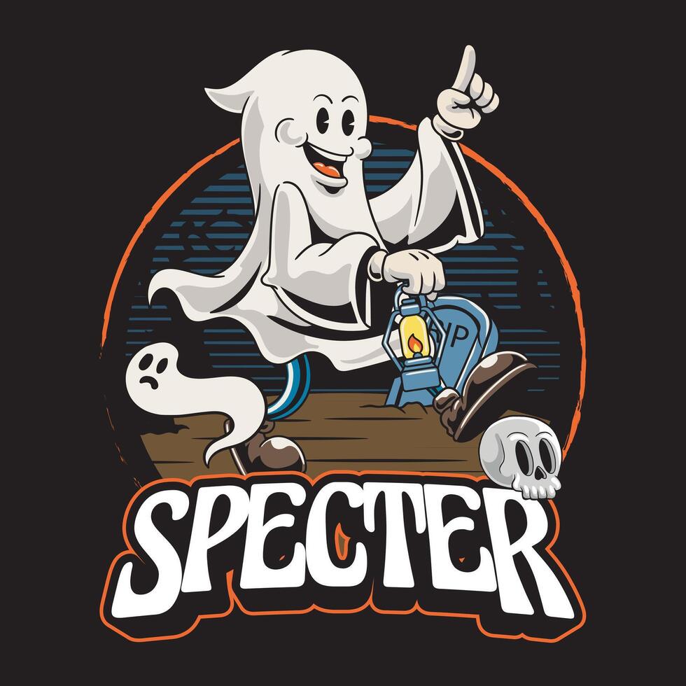 Happy Halloween Spooky Specter with Skull head for badge and label sticker, banner, patch, greeting card, t-shirt and invitation retro cartoon illustration vector
