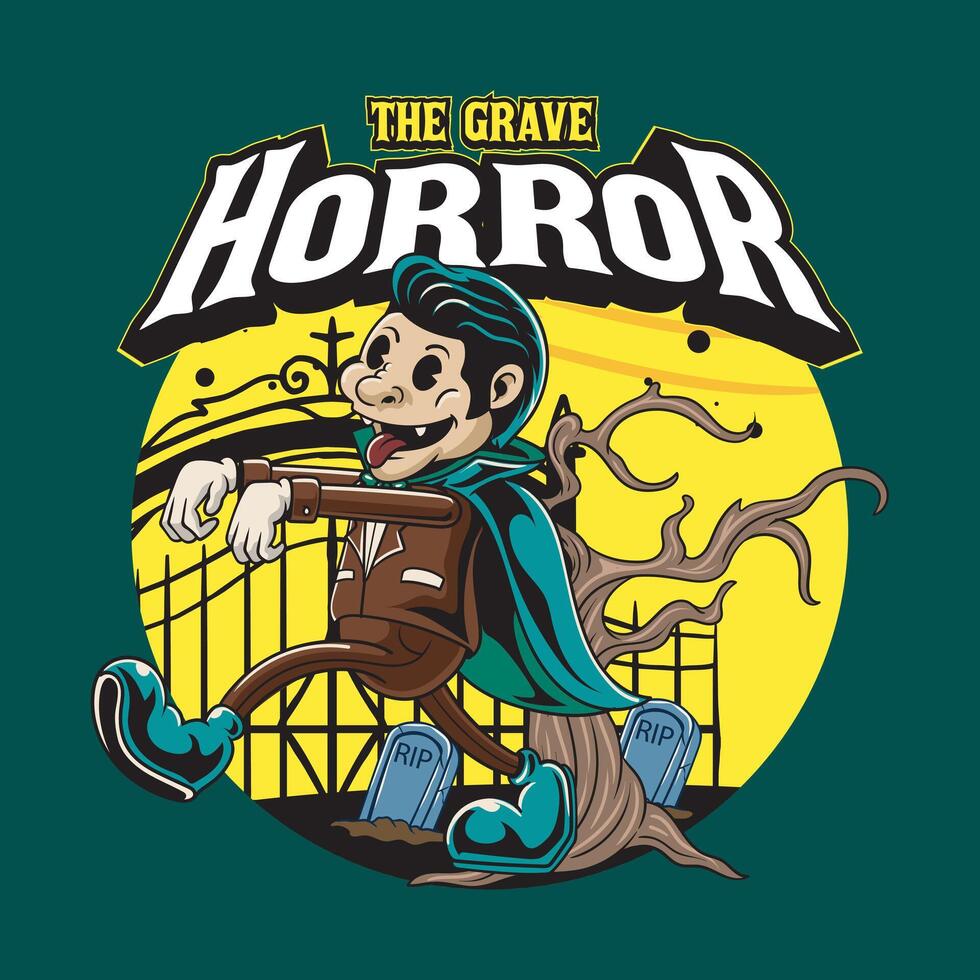 The Grave Vampire Horror in graveyard for badge, label sticker, banner, patch, greeting card, t-shirt and invitation retro cartoon illustration vector