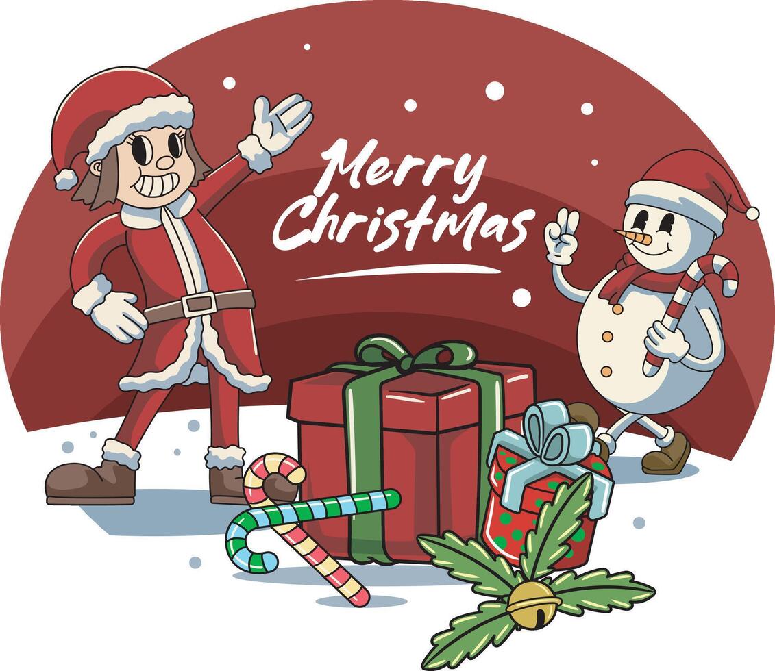 Merry Christmas and Happy New Year Sticker Cute Cheerful Santa Claus and Snowman in Trendy Groovy Retro Cartoon Style Illustration with Christmas Elements vector