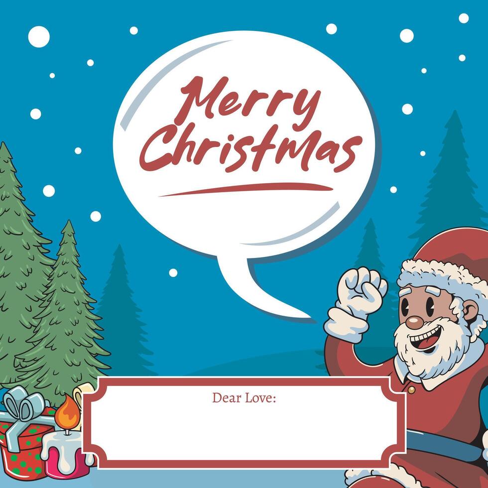 Merry Christmas and Happy New Year greeting card Retro Cartoon Illustration with Cute Santa Claus Baloon Text Winter Pine Tree vector