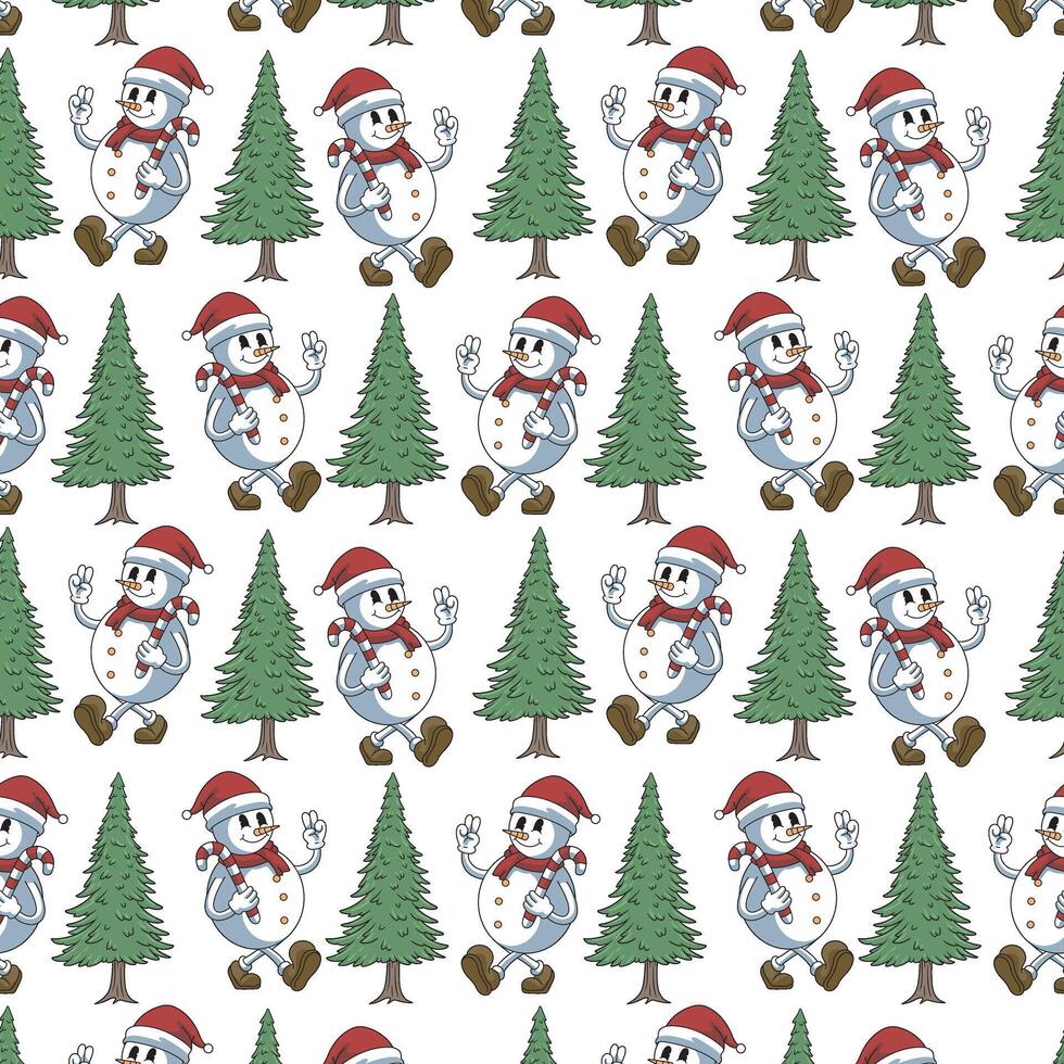 Seamless Merry Christmas Pattern Cute Cartoon Retro Illustration Style with Snowman Christmas Tree Character pattern set for fabric, linen, textiles and wallpaper vector