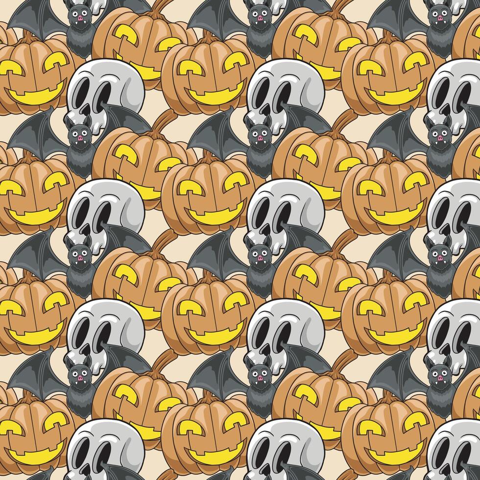 Halloween seamless pattern design with ghost, skull, pumpkin and bat vector
