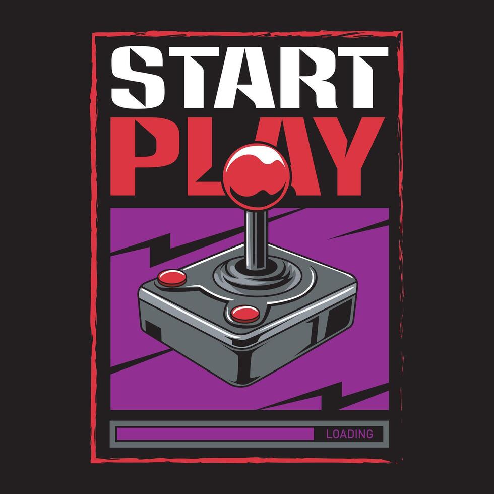 Start Play Slogan with Classic Arcade Joystick in Cartoon Illustration for T-Shirt Design vector