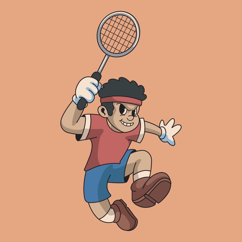 Illustration of Jumping Cute Guy Holding Racket Badminton Player Sport Retro Mascot Character Cartoon Design vector