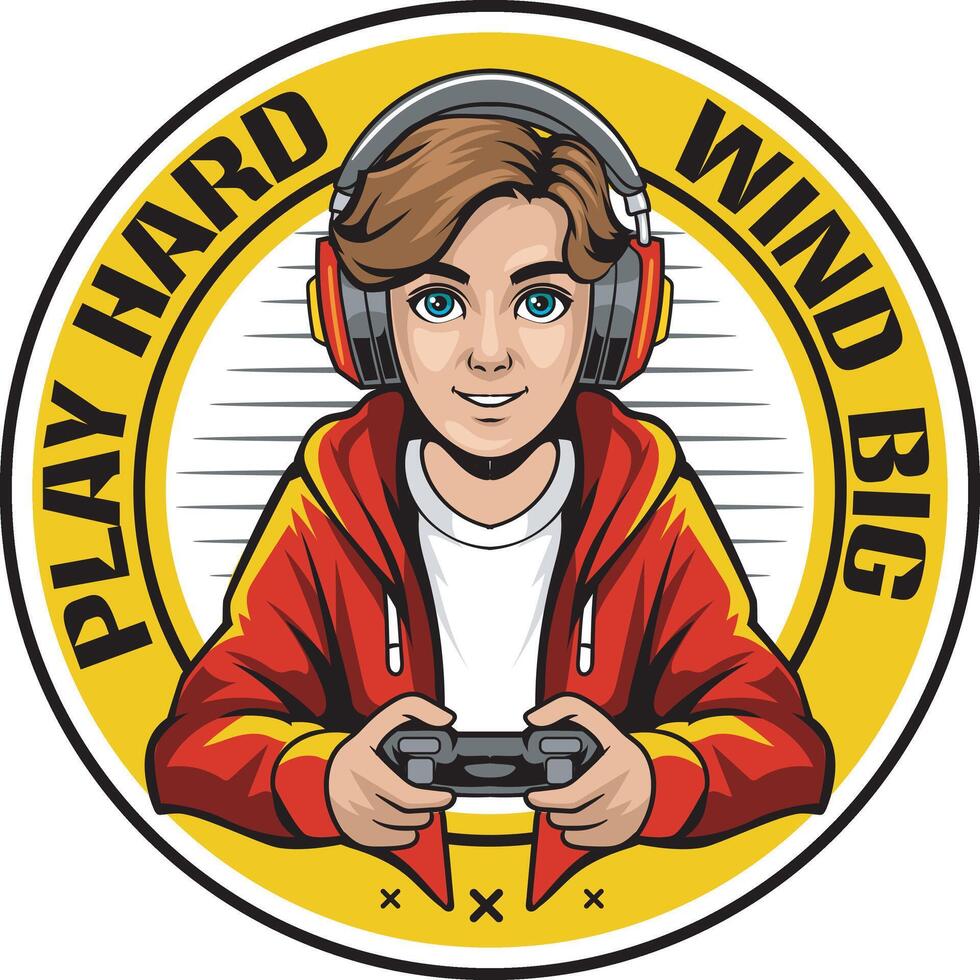 Young Boy Teenager Streamer gamer with headphone and Joystick mascot logo design for badge, emblem, esport and t-shirt printing vector