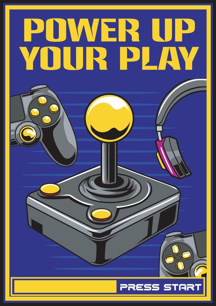 Retro Arcade Joystick, Console Gaming, and Headphone Cartoon Poster Illustration vector