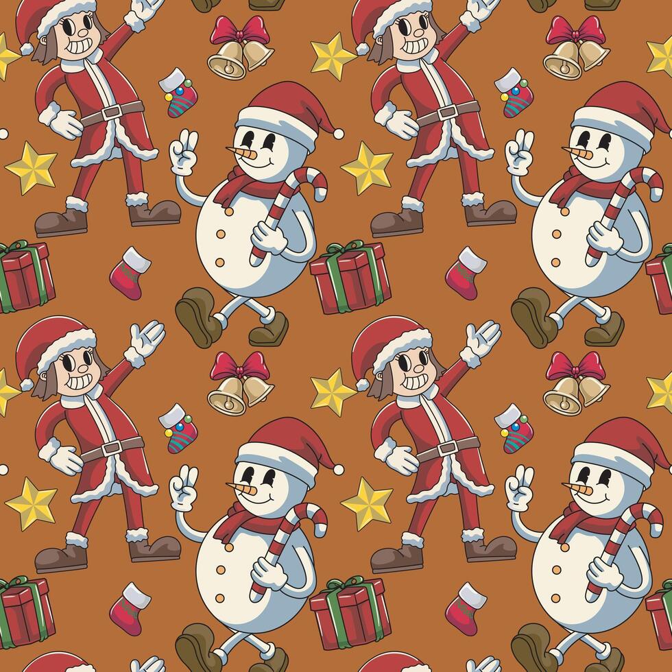 Seamless Merry Christmas Happy New Year Pattern Cute Cartoon Retro Illustration Style with Snowman Santa Claus Gift Star Ring Bells Character pattern set for fabric, linen, textiles vector