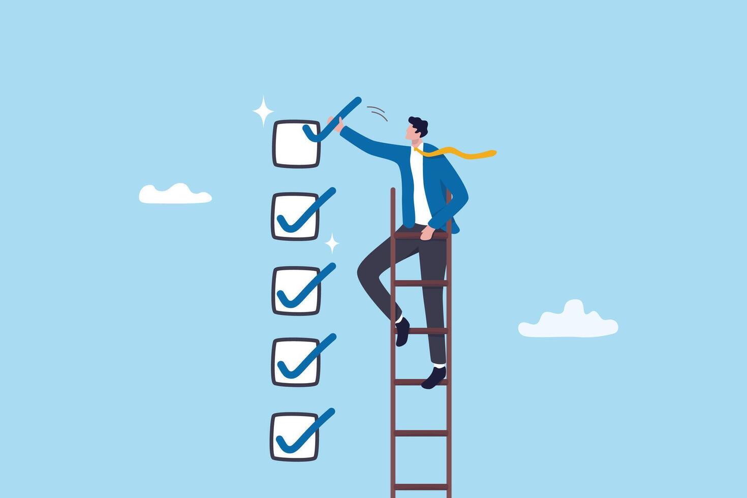 Criteria checklist report, evaluation list, complete checkbox, finish work, to do list or task done, quality assurance control, checkmark concept, businessman put tick on completion checklist. vector