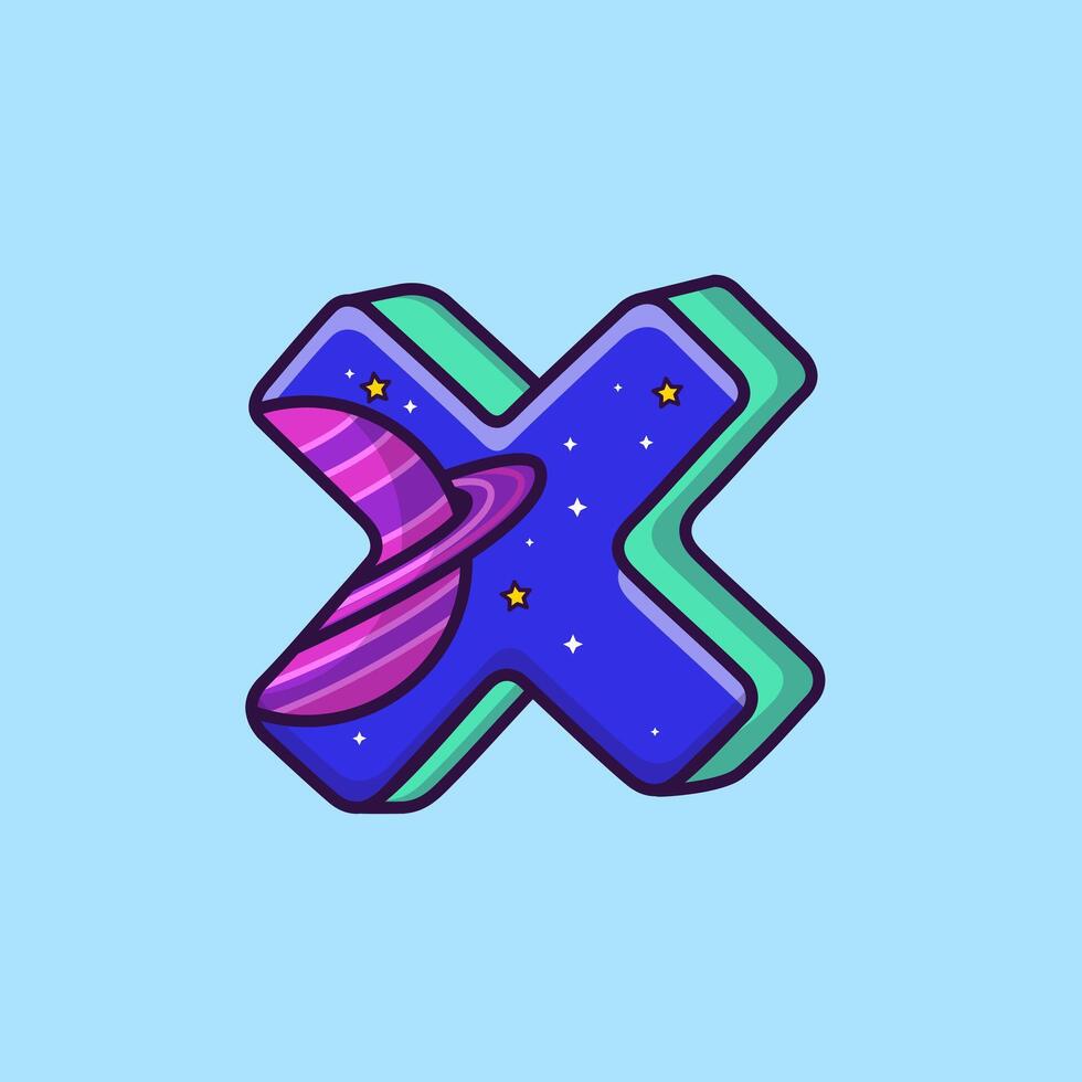 Cosmic Letter X Cartoon Illustration. Science Technology Concept. Flat Cartoon Outline Style. vector