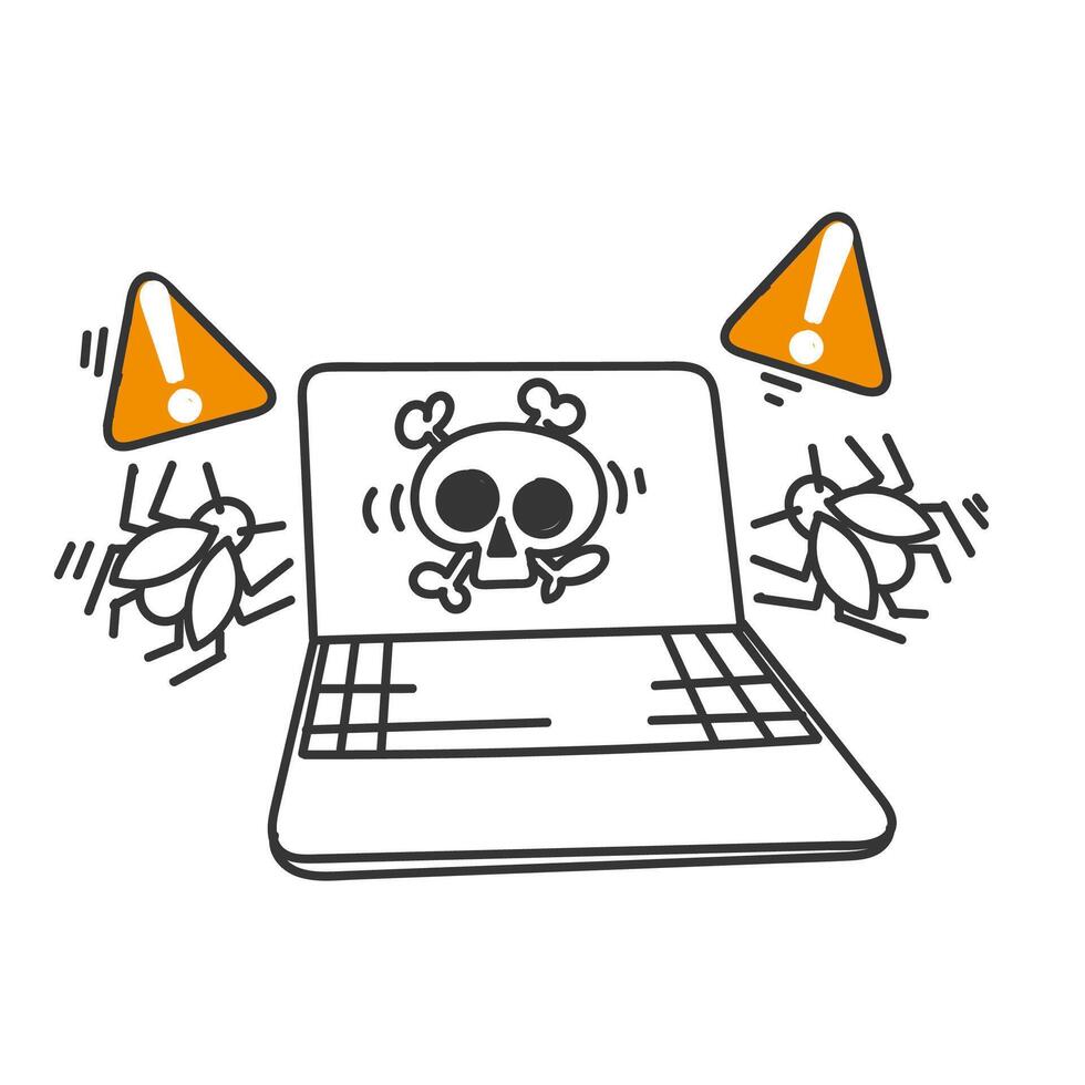a cartoon image of a laptop with a skull and a warning sign bug virus vector