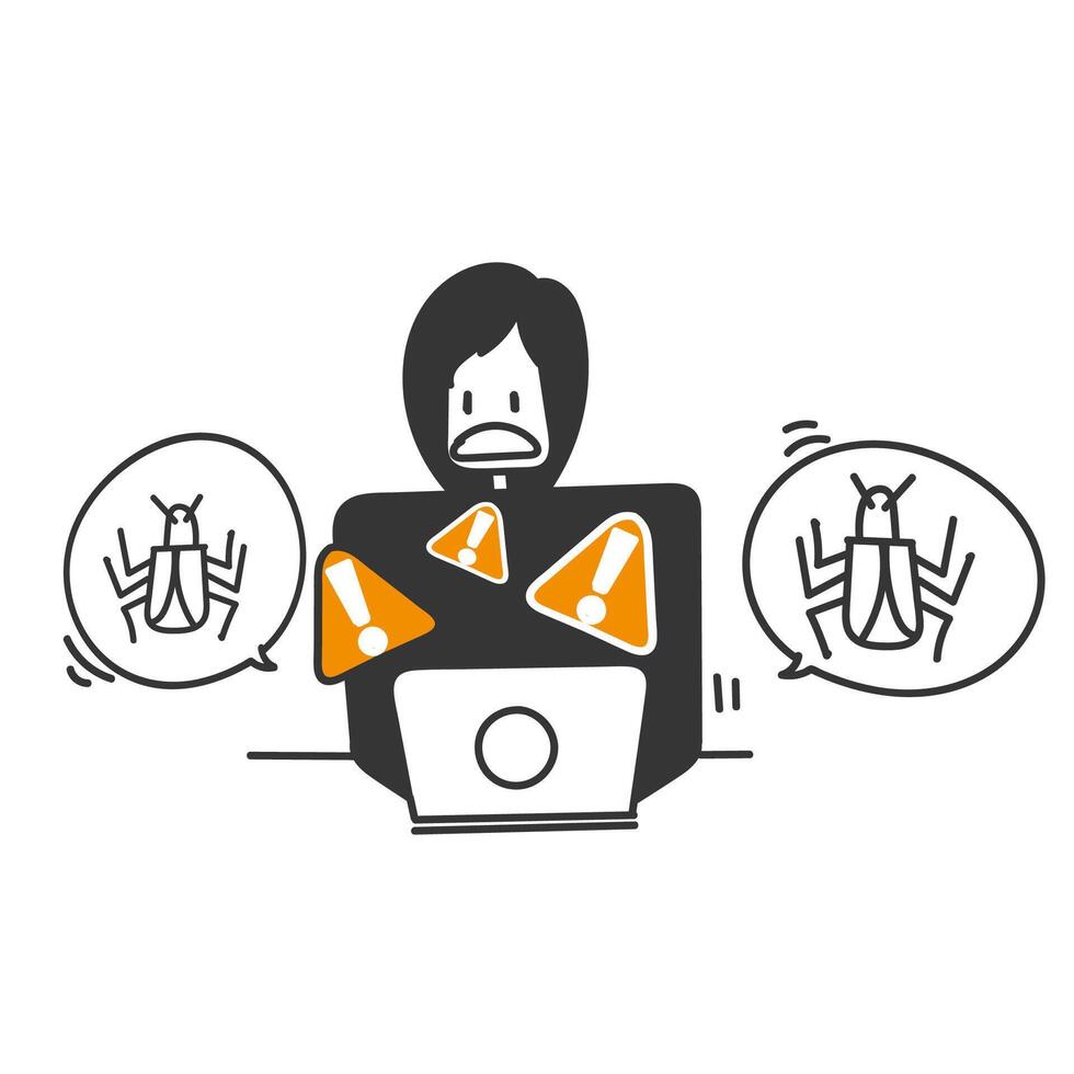 a person sitting at a computer with a laptop and a virus sign vector