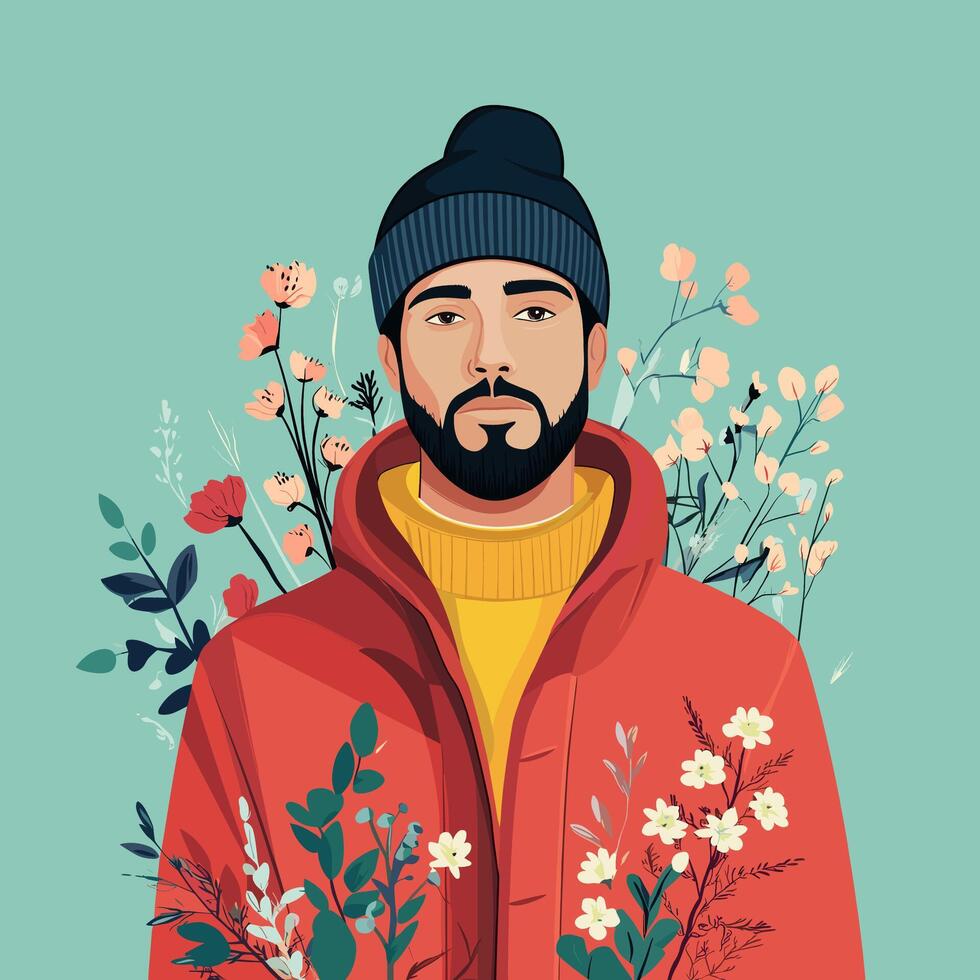 Stylish Man in Red Coat with Floral Design. Minimalist Illustration . vector