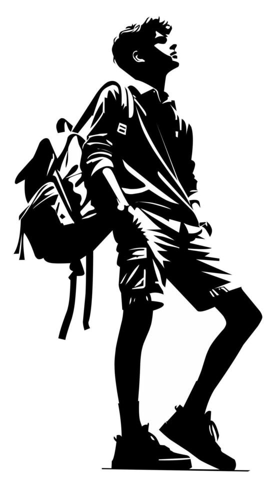 Black and white silhouette of a young man standing confidently, wearing a backpack and casual clothes, looking upwards vector