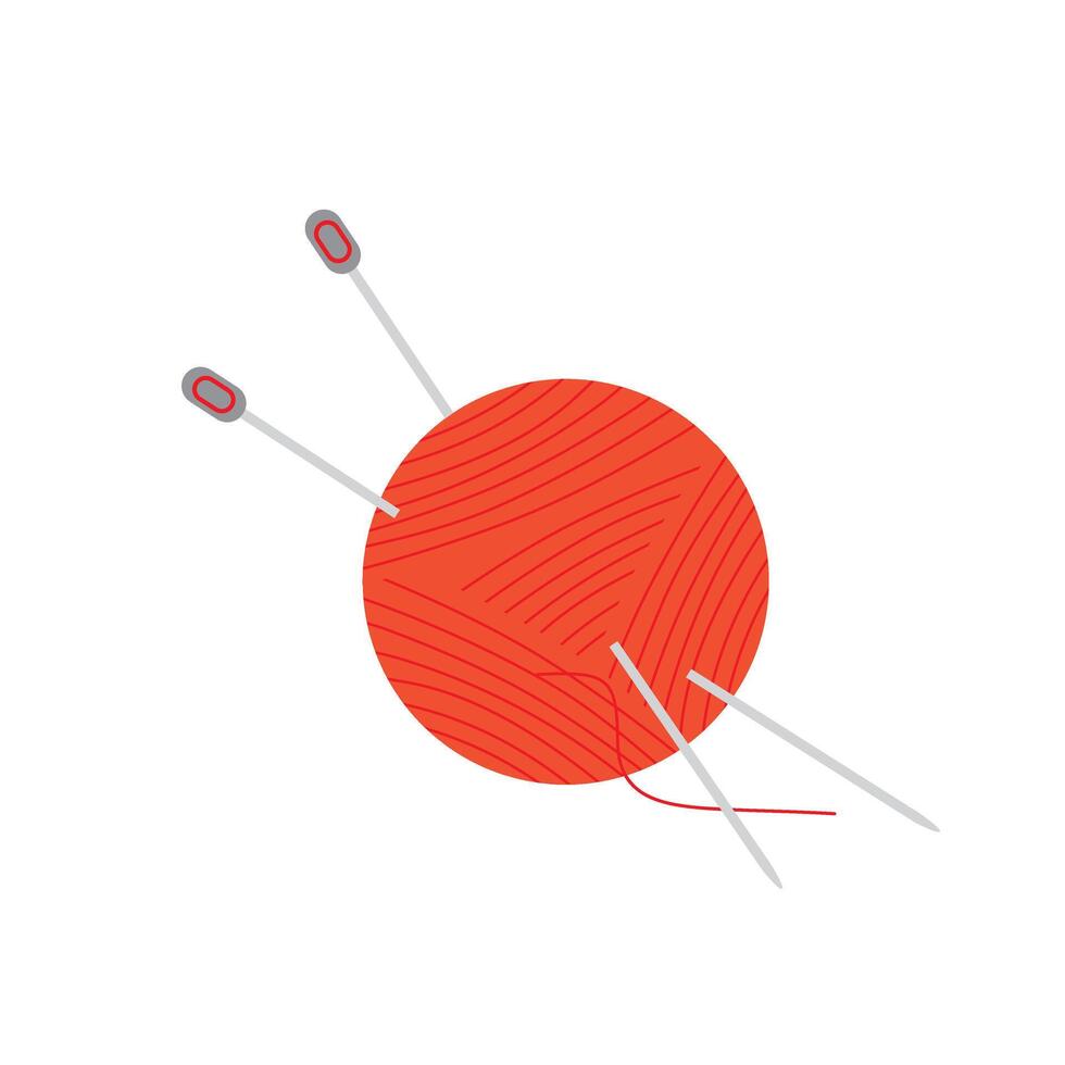 Skein of thread for knitting and knitting needles. Red clew ball of thread isolated on white background. Flat illustration of Knitting needles and clew. Ball of yarn for handmade. vector
