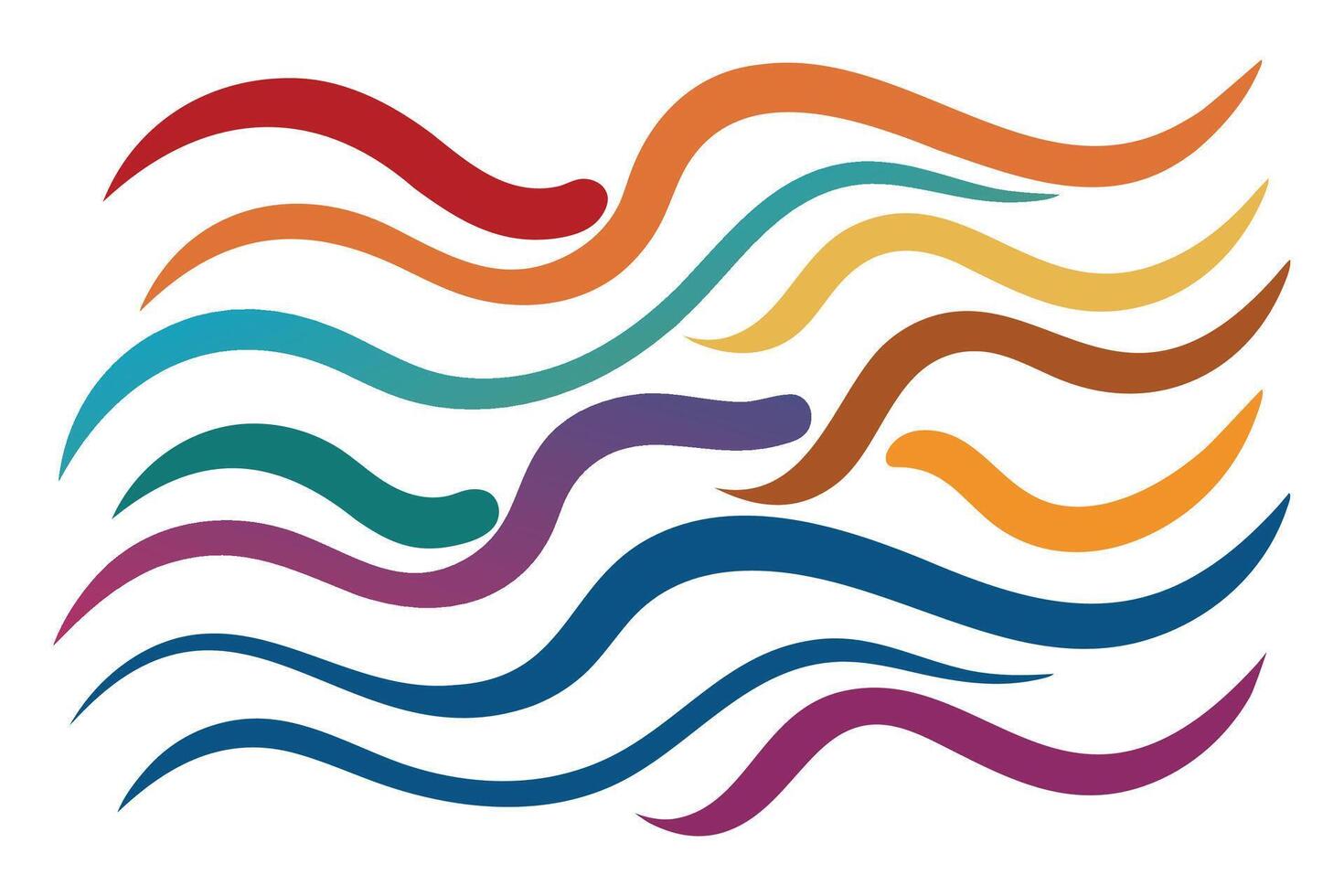 A collection of various wavy lines in different colors and thicknesses, showcasing fluidity and movement. isolated flat illustration on white background. vector