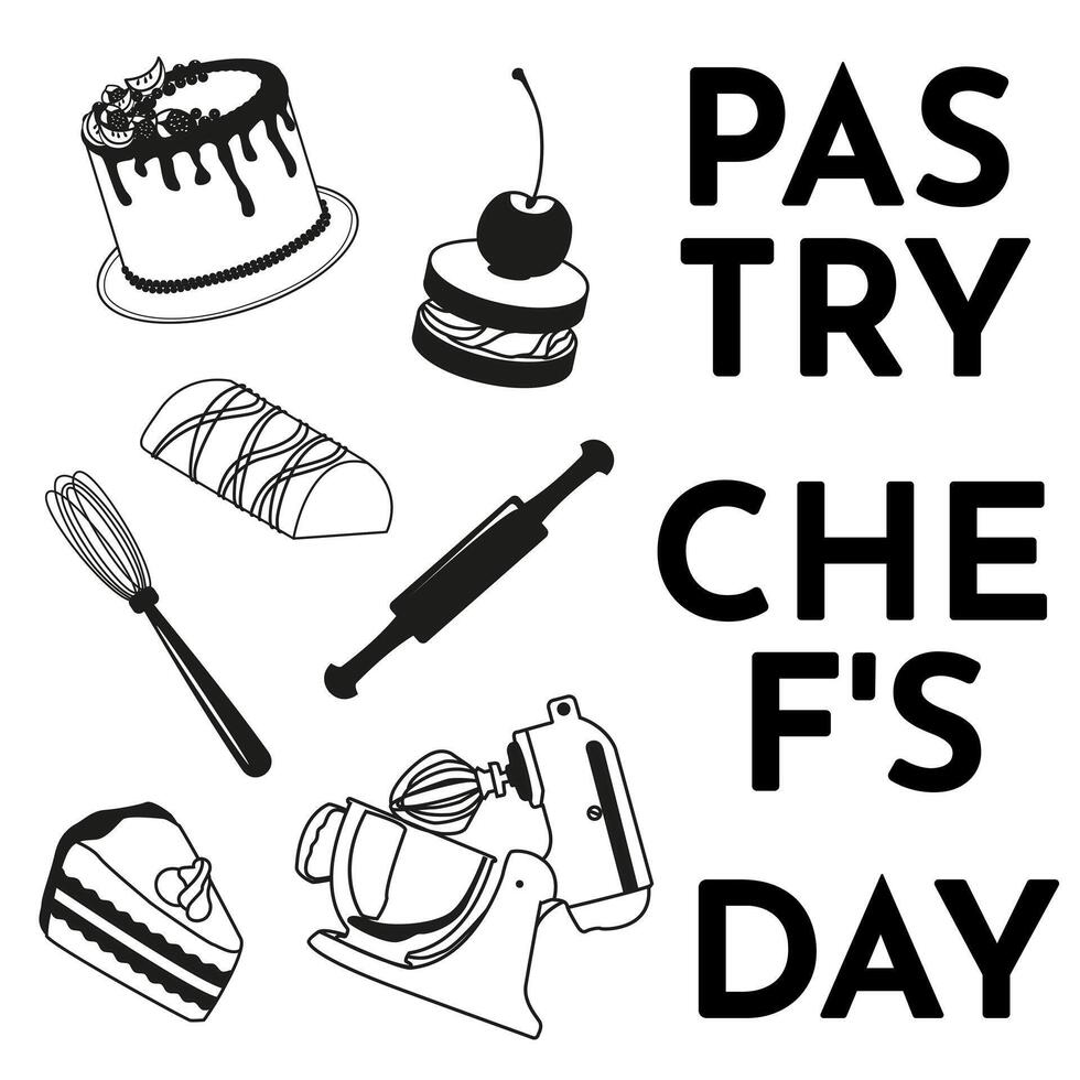 set of cakes and pastry utensils. Image of confectionery products with equipment. Pastry Chef Day concept. vector