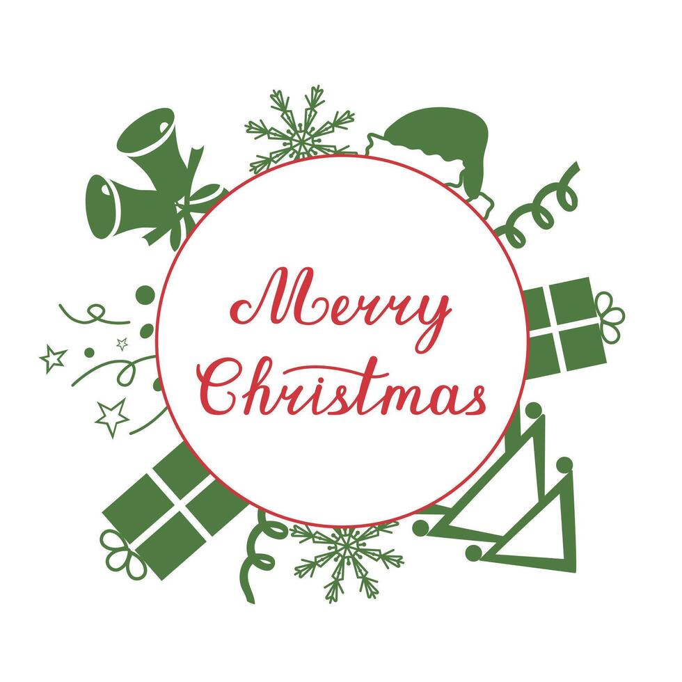 Congratulatory inscription in a circle with gifts and snowflakes for Christmas. template with text for packaging, postcards and posters. Greeting card for a winter holiday. vector