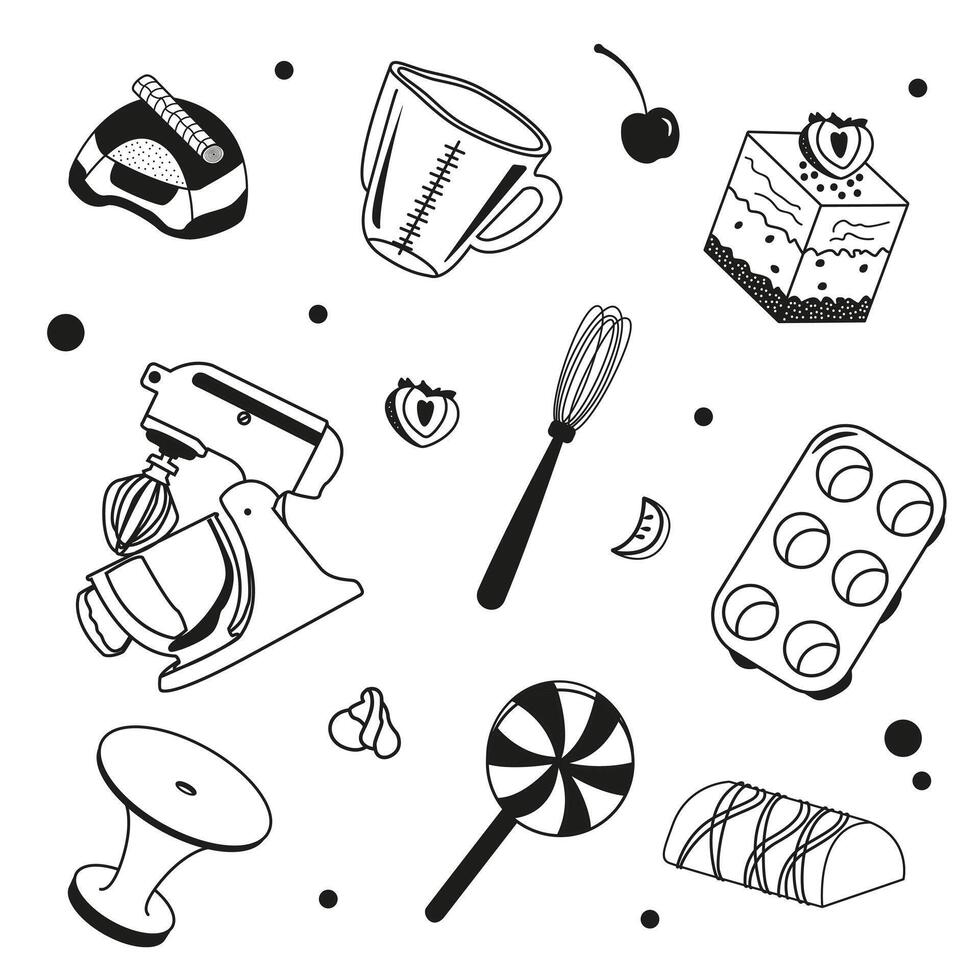 set of cakes, candies and pastry utensils with berries. Image of confectionery sweet food with mixer, whisk and measuring cup. Pastry Chef Day concept vector
