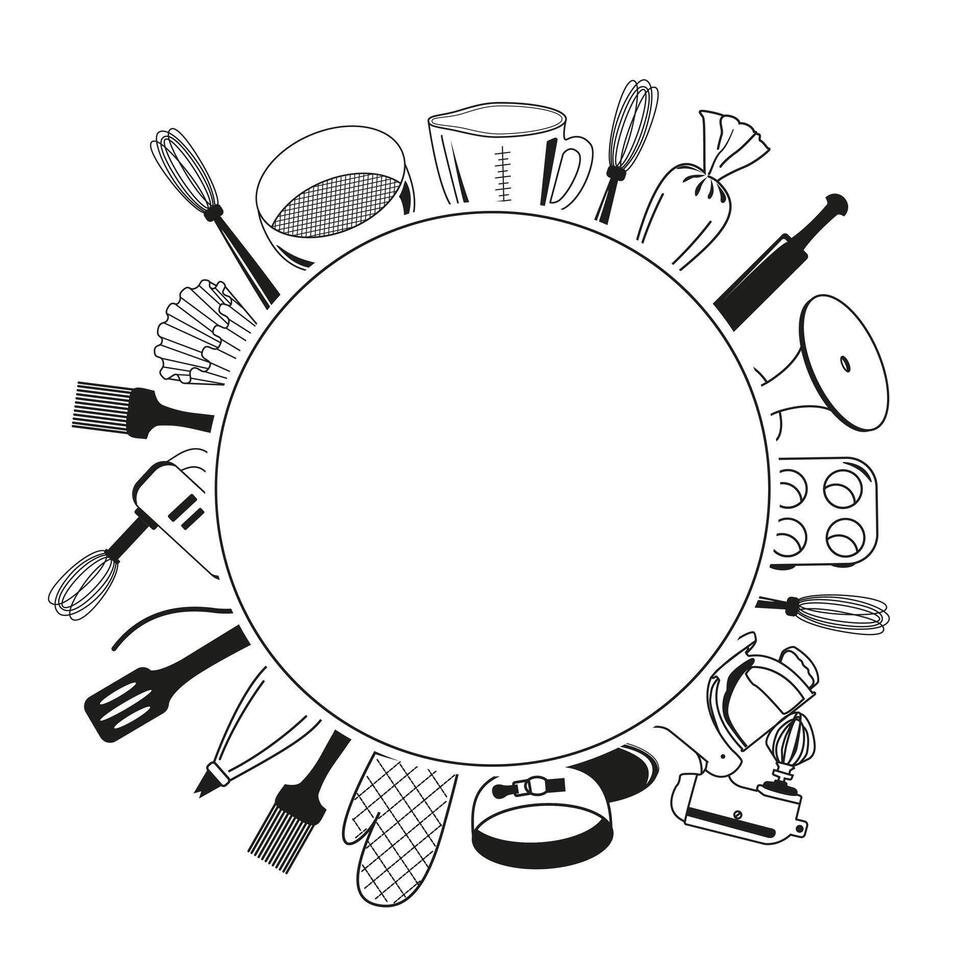 image of items for a pastry chef. Image of kitchen utensils with space for text. Pastry equipment in doodle style. vector