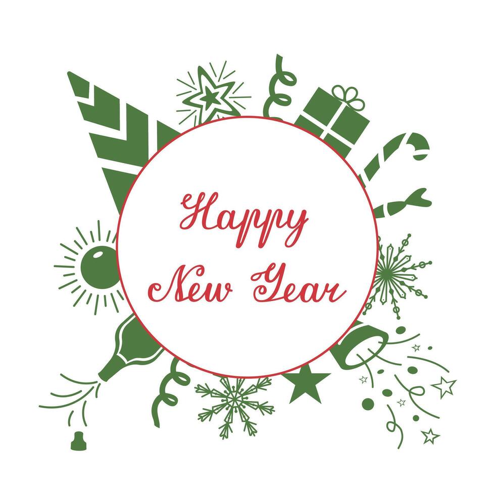 Congratulatory inscription in a circle with gifts and snowflakes for the New Year. Colored template with text for packaging, postcards and posters. Greeting card for a winter holiday. vector