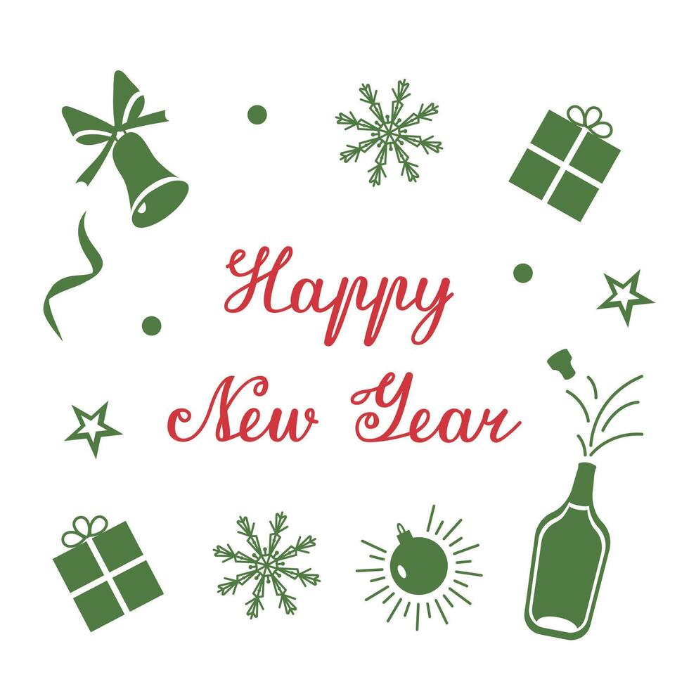 Congratulatory inscription with bells, gifts and snowflakes for the New Year. template with text for packaging, postcards and posters for the winter holidays. Calligraphic text with a Happy New Year. vector