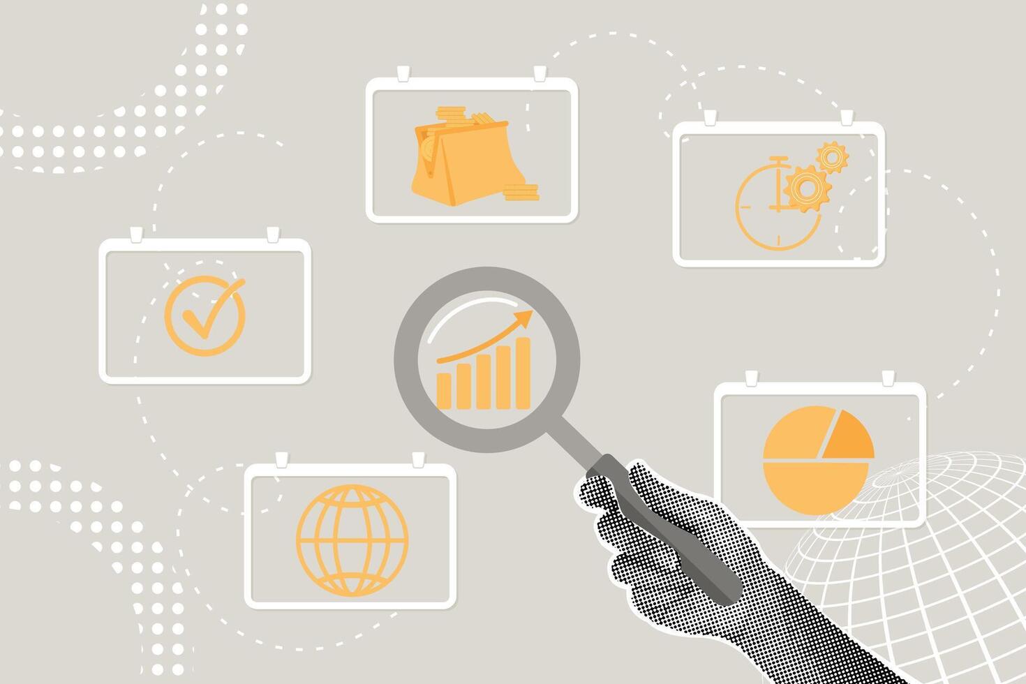 Fashion halftone collage. Business concept, financial analytics, efficiency improvement, financial data, operations, sales. Working with data management system for data analytics,business intelligence vector