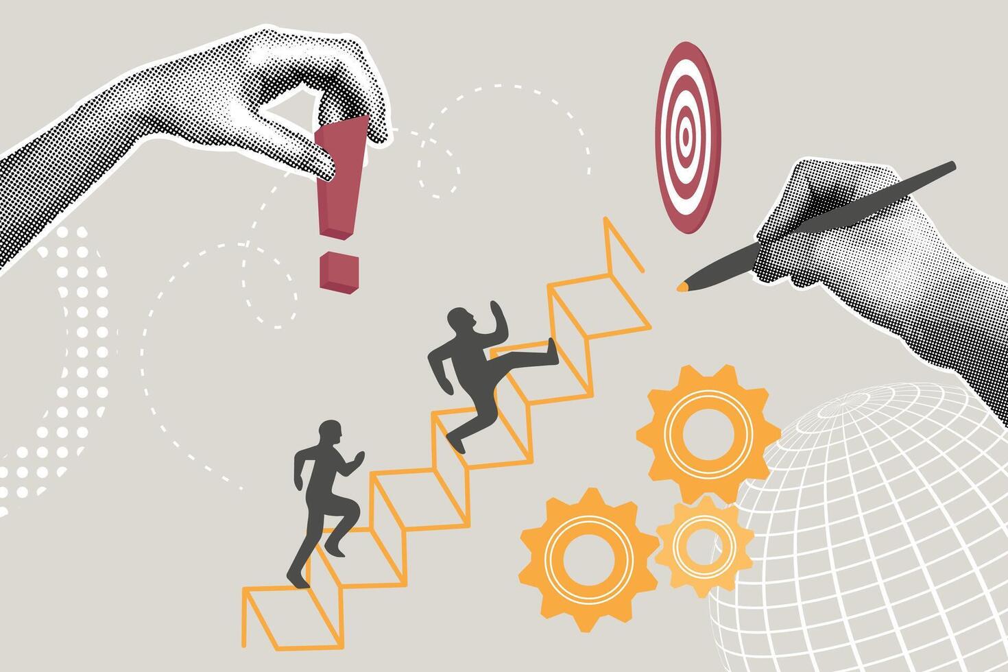 Trendy halftone collage with business concept. Career success concept, business goal,achieve goal, progress in career, make efforts to grow professionally. Teamwork. Hand finish ladder, helping to vector