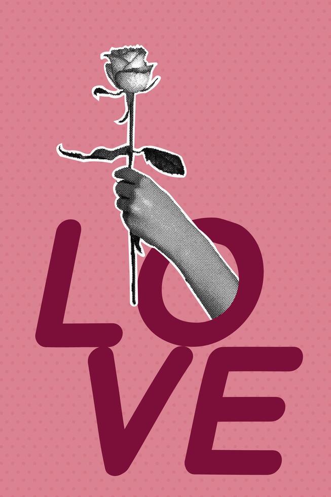 Trendy halftone collage. Postcard in collage style for Valentine's Day, March 8. A hand giving a flower. Trendy retro collage from the 80's. Trendy modern retro illustration in mixed technique. vector