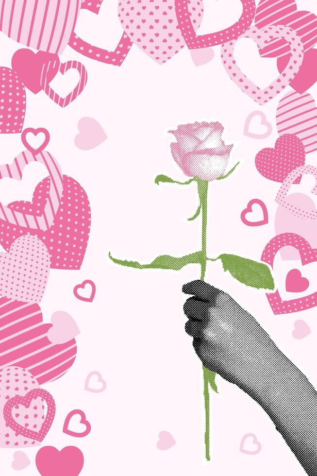 Trendy halftone collage. Postcard in halftone collage style for Valentine's Day and March 8. Image of a hand with a rose surrounded by hearts. Trendy retro collage from the 80's. vector