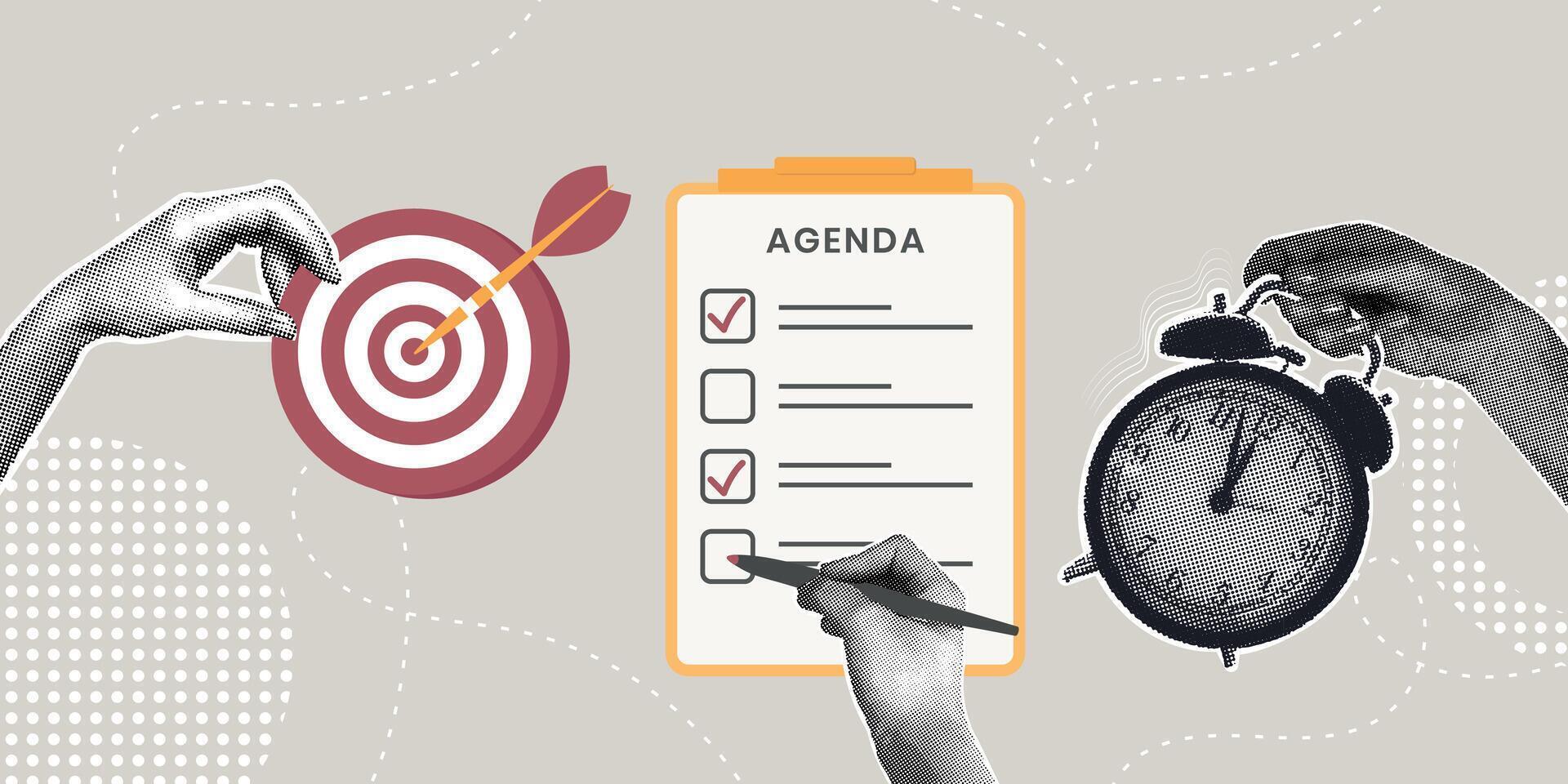 Fashionable halftone collage. Agenda concept,important task to discuss, planner, to do list. Hand marks important agenda items. Trendy modern retro illustration in mixed technique. vector