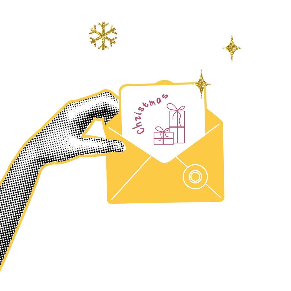 Trendy isolated Christmas halftone collage.In hand envelope with Christmas card. Halftone collage with gold glitter texture for cards, posters, templates.Modern retro illustration vector
