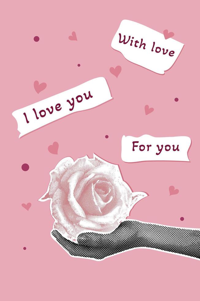 Trendy halftone collage. Postcard in collage style for Valentines Day, March 8. Hand image with halftone rose and caption. Trendy retro collage from the 80s vector